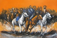 Naeem Rind, 32 x 48 Inch, Acrylic on Canvas, Buzkashi Painting, AC-NAR-036